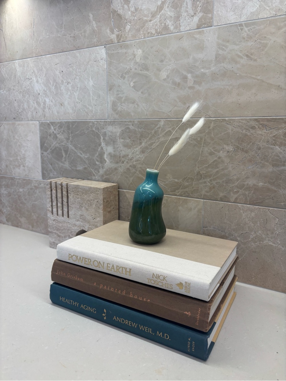 Fall-Inspired Book-stack x 3 w/ Ceramic Teal Decorative Bud Vase - Home Accents